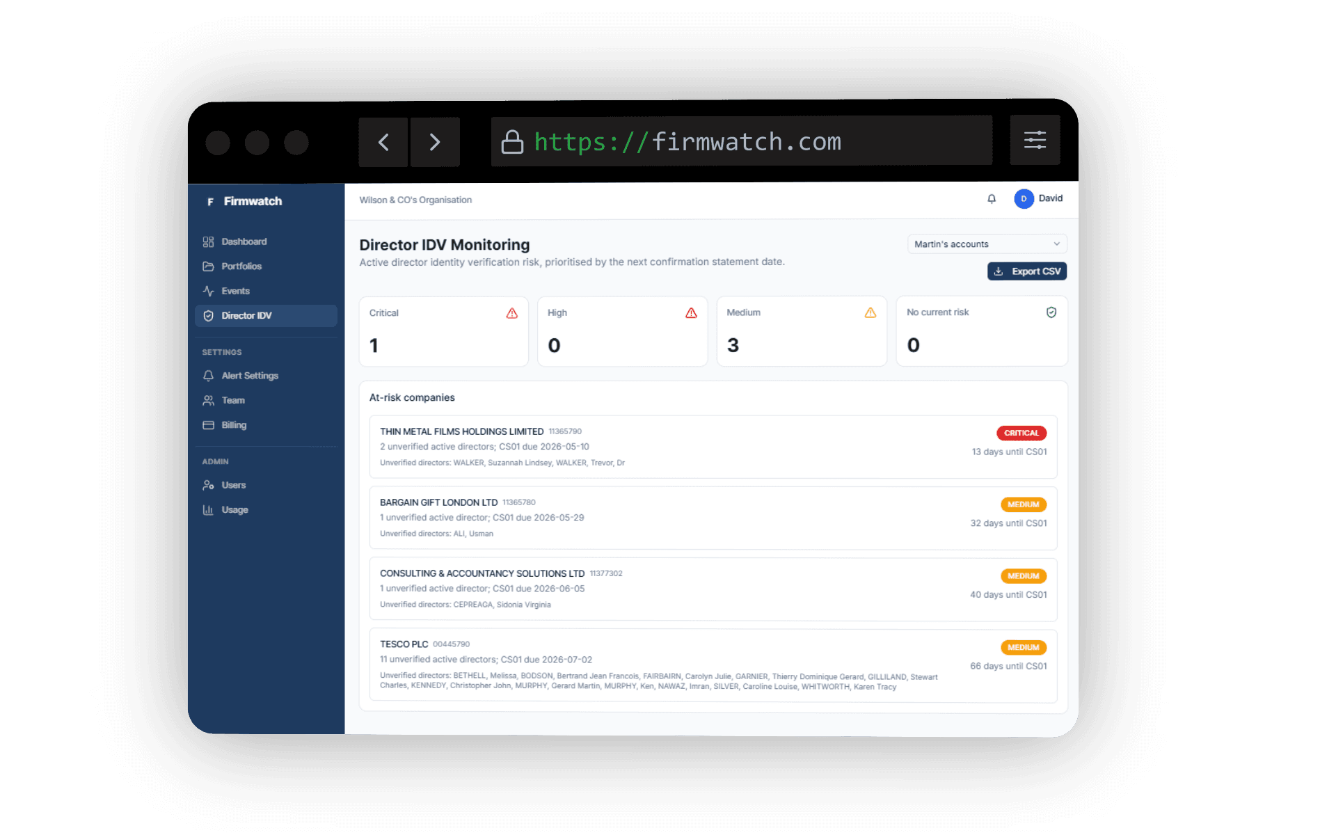 Firmwatch Director IDV monitoring dashboard showing risk tiers, portfolio filtering, and at-risk client companies.